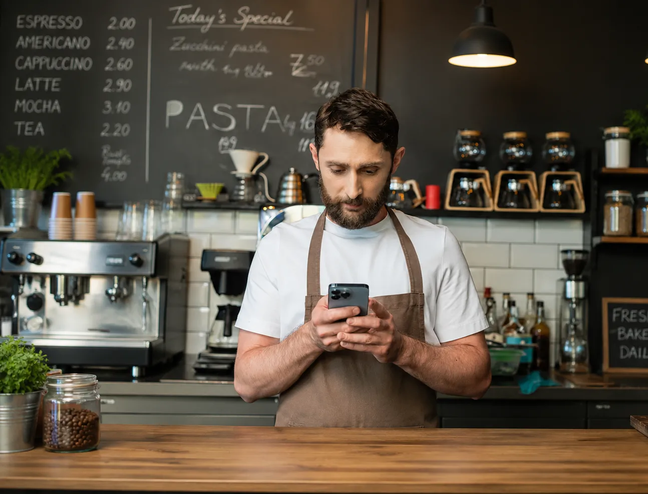 Male coffee shop employee checking shift updates on a mobile hospitality rostering software app